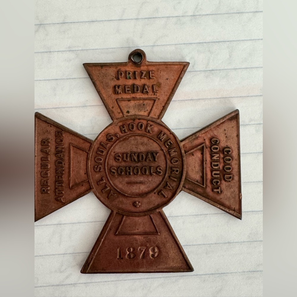 Sunday School attendance brass metal 1879 All souls Hook Memorial antique